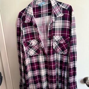 Plaid Button-Up Blouse - Purple and White